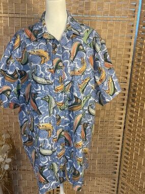 Men's Blue Fish Print Short-Sleeve Button-Up Shirt